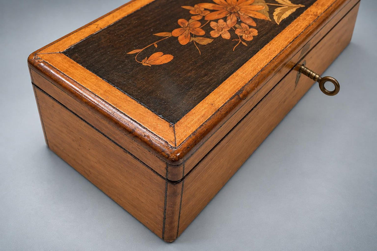 Antique French Marquetry Wood Glove Box, Floral Inlay, Napoleon III Louis Philippe Style — France, 19th Century