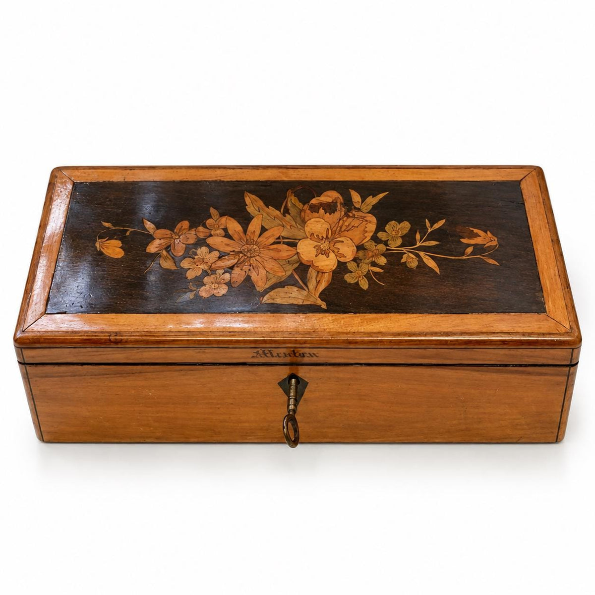 Antique French Marquetry Wood Glove Box, Floral Inlay, Napoleon III Louis Philippe Style — France, 19th Century