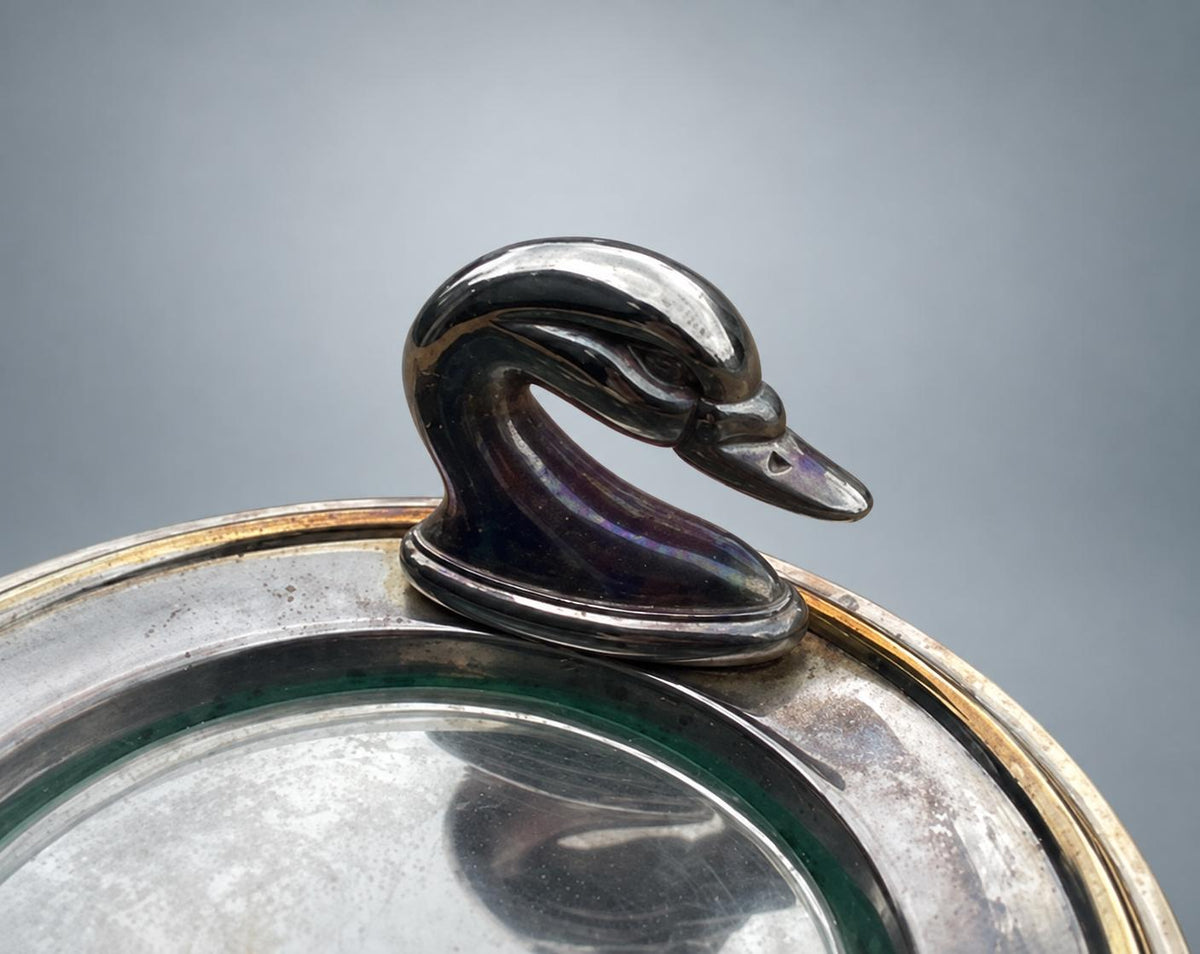 Vintage Silvered Metal Tray with Swan Figure, Oval Serving Dish — Europe, Vintage