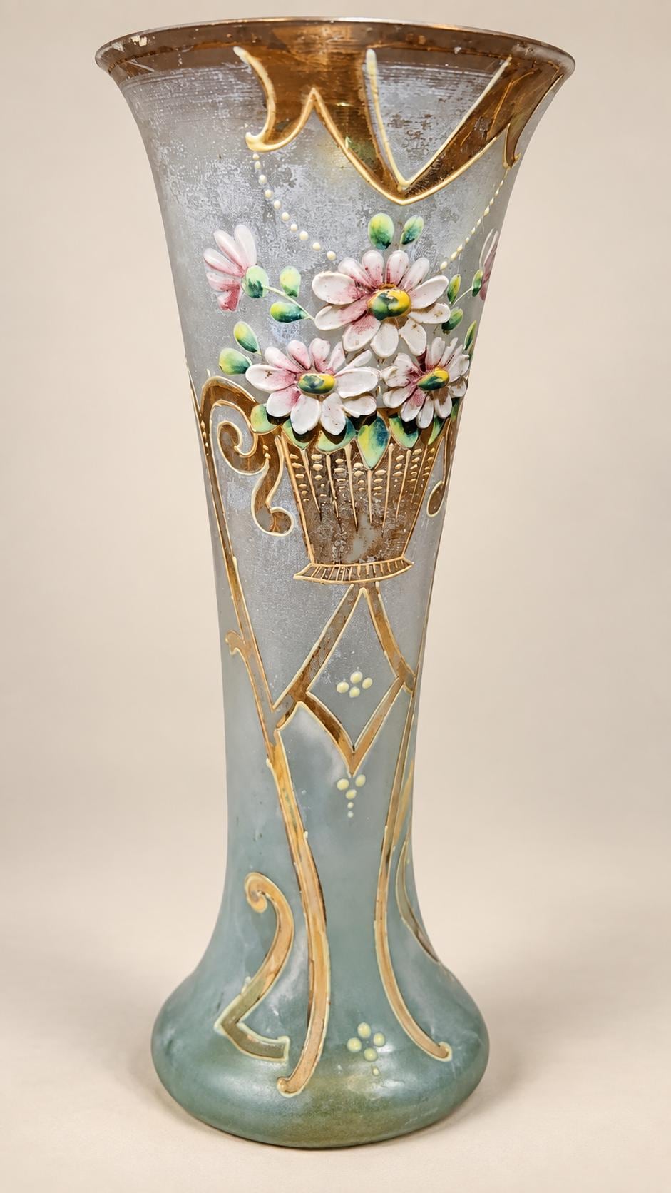 Pair of Antique Art Nouveau Enamelled Glass Vases, Floral Basket and Gilt Arabesques — Europe, circa 1900