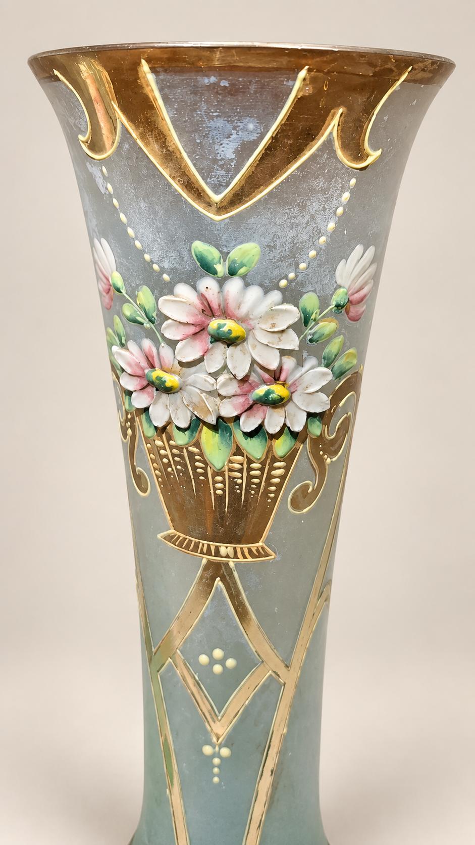 Pair of Antique Art Nouveau Enamelled Glass Vases, Floral Basket and Gilt Arabesques — Europe, circa 1900