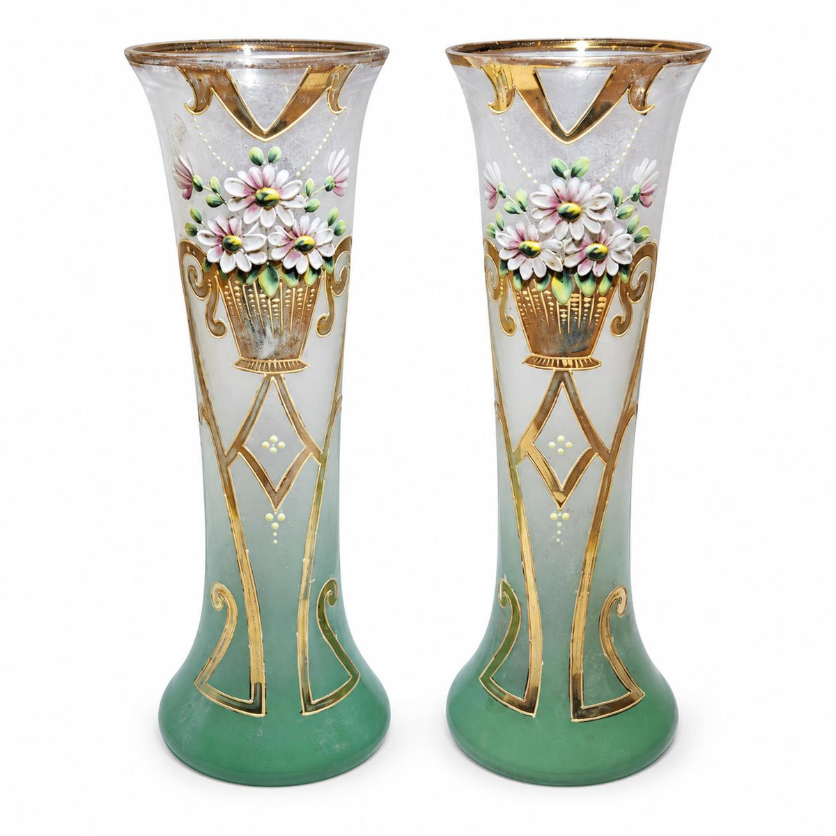 Pair of Antique Art Nouveau Enamelled Glass Vases, Floral Basket and Gilt Arabesques — Europe, circa 1900