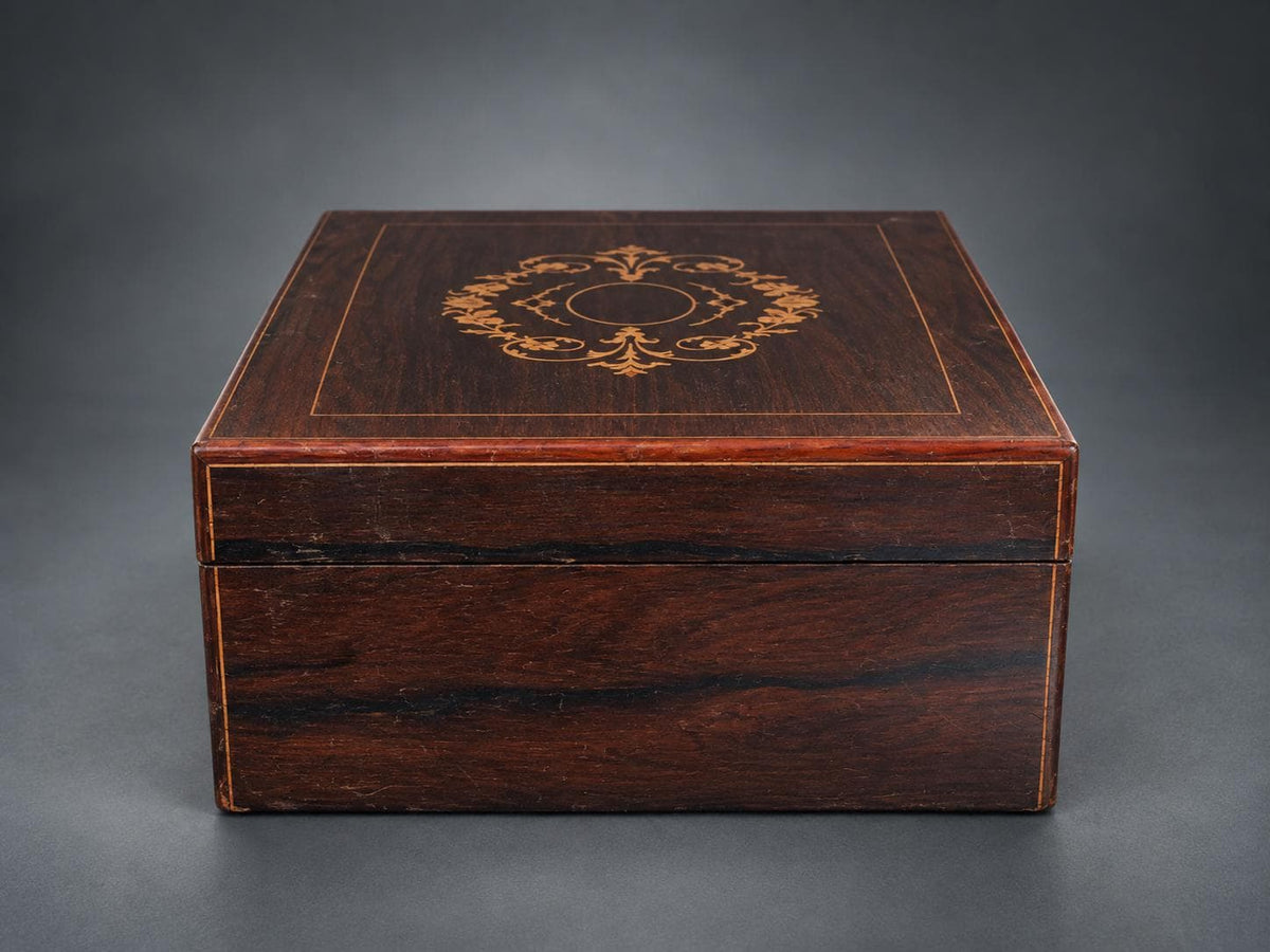 Antique French Marquetry Wood Toilette Box, Napoleon III Style, Locking Correspondence Box — France, Late 19th Century