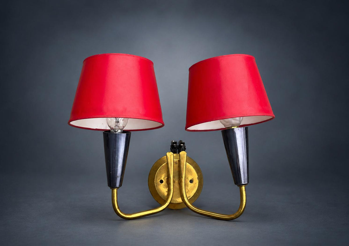 Pair of French Brass Wall Sconces, Two-Arm with Red Shades — France, Mid-20th Century