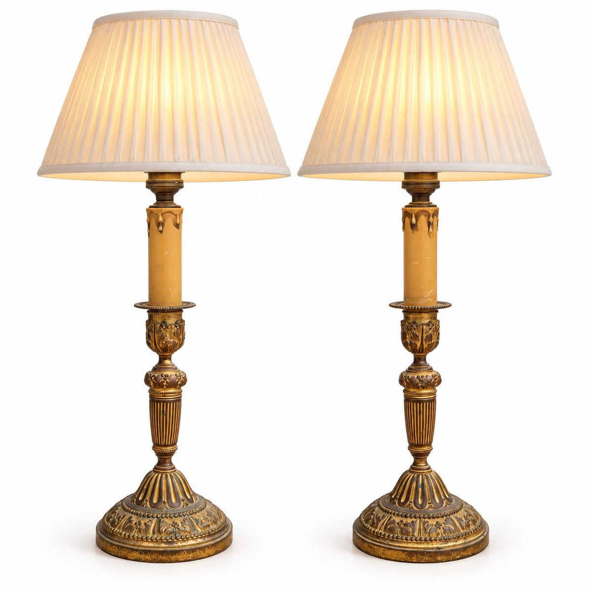 Pair of Antique Bronze Candlestick Table Lamps, Louis XVI Fluted Column — France, 19th Century