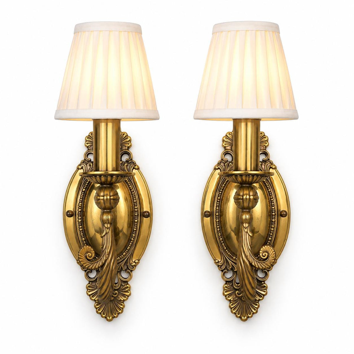 Pair of Antique French Brass Single-Arm Wall Sconces, Oval Backplate — France, Early 20th Century