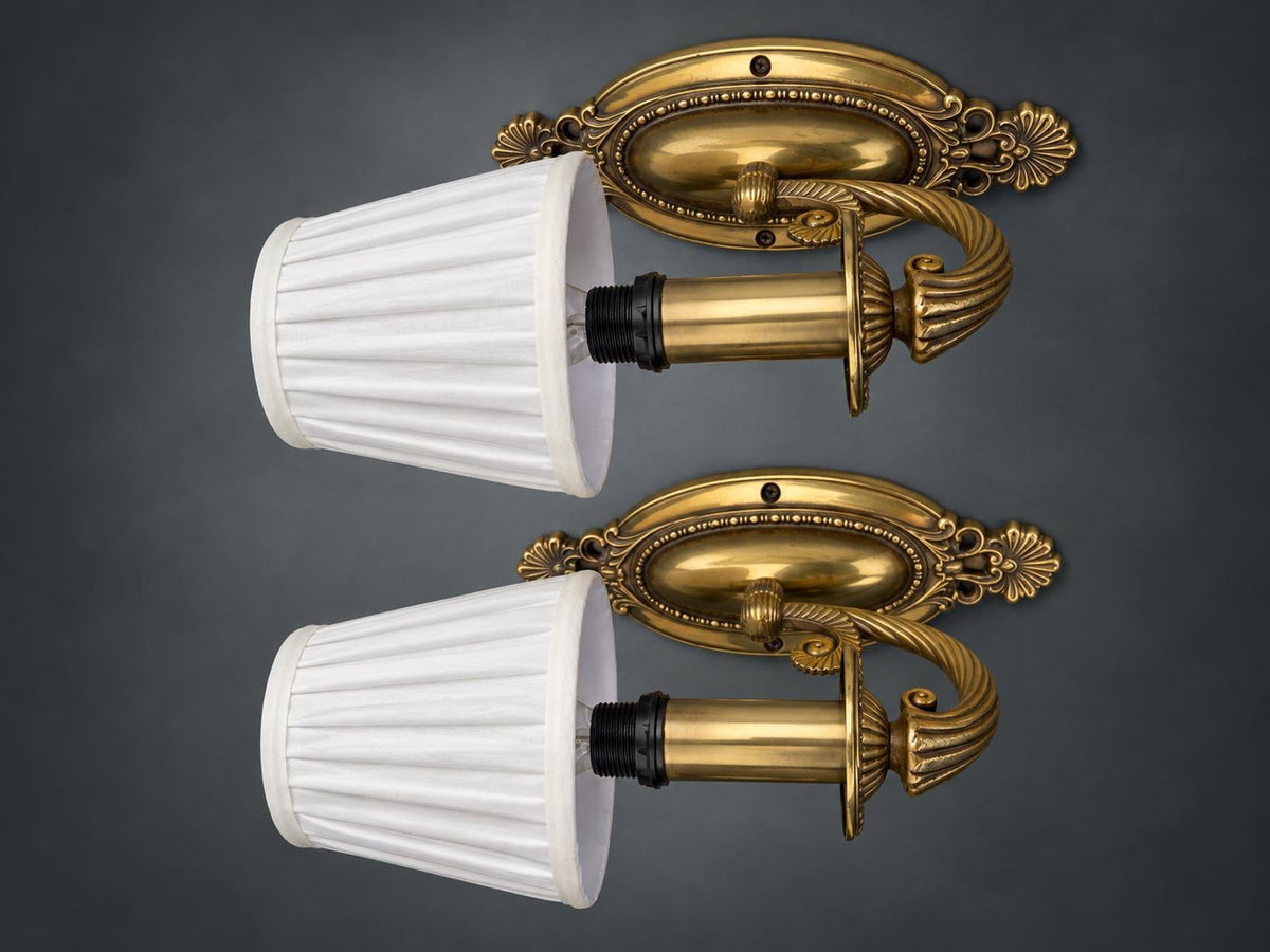 Pair of Antique French Brass Single-Arm Wall Sconces, Oval Backplate — France, Early 20th Century