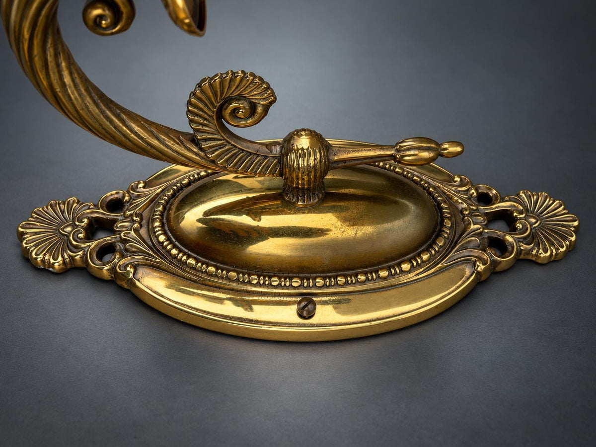 Pair of Antique French Brass Single-Arm Wall Sconces, Oval Backplate — France, Early 20th Century