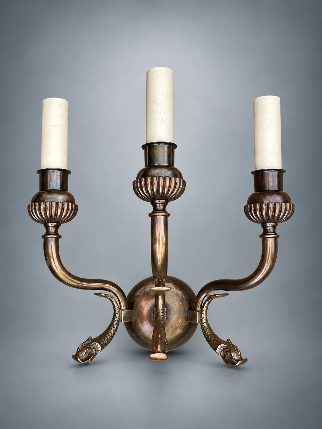 Pair of Antique Patinated Brass Wall Sconces, Dolphin Backplate Two-Arm — France, 19th Century