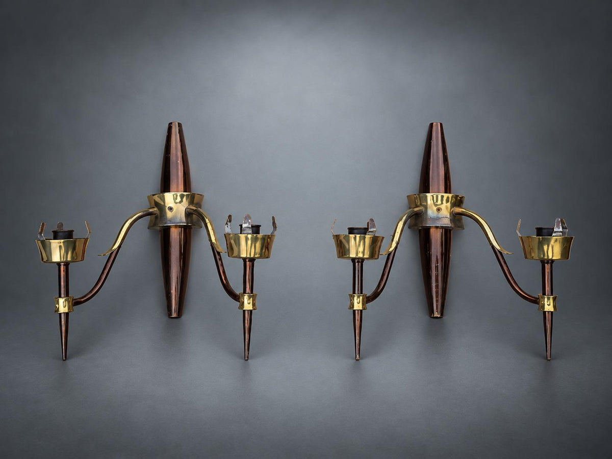 Pair of French Mid-Century Wall Sconces, Brass and Dark Lacquered Spindle, Two-Arm — France, circa 1950-1960