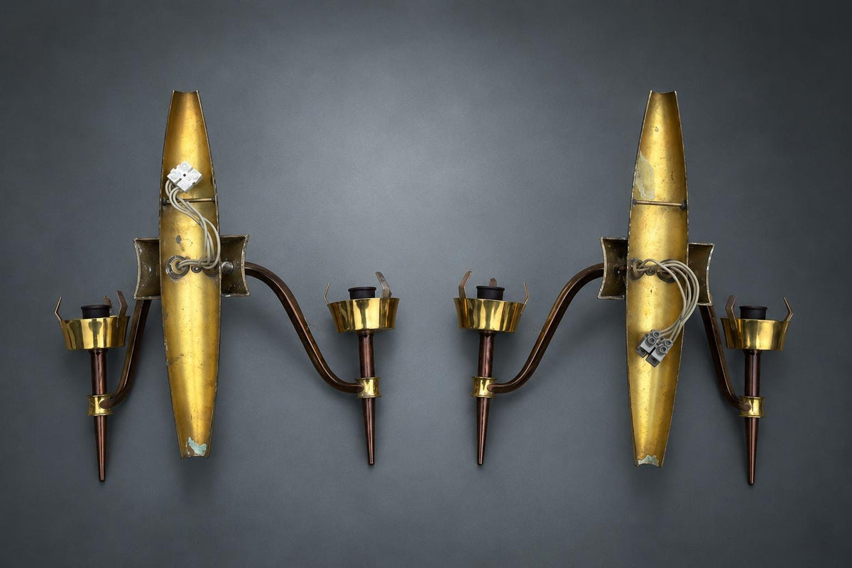 Pair of French Mid-Century Wall Sconces, Brass and Dark Lacquered Spindle, Two-Arm — France, circa 1950-1960