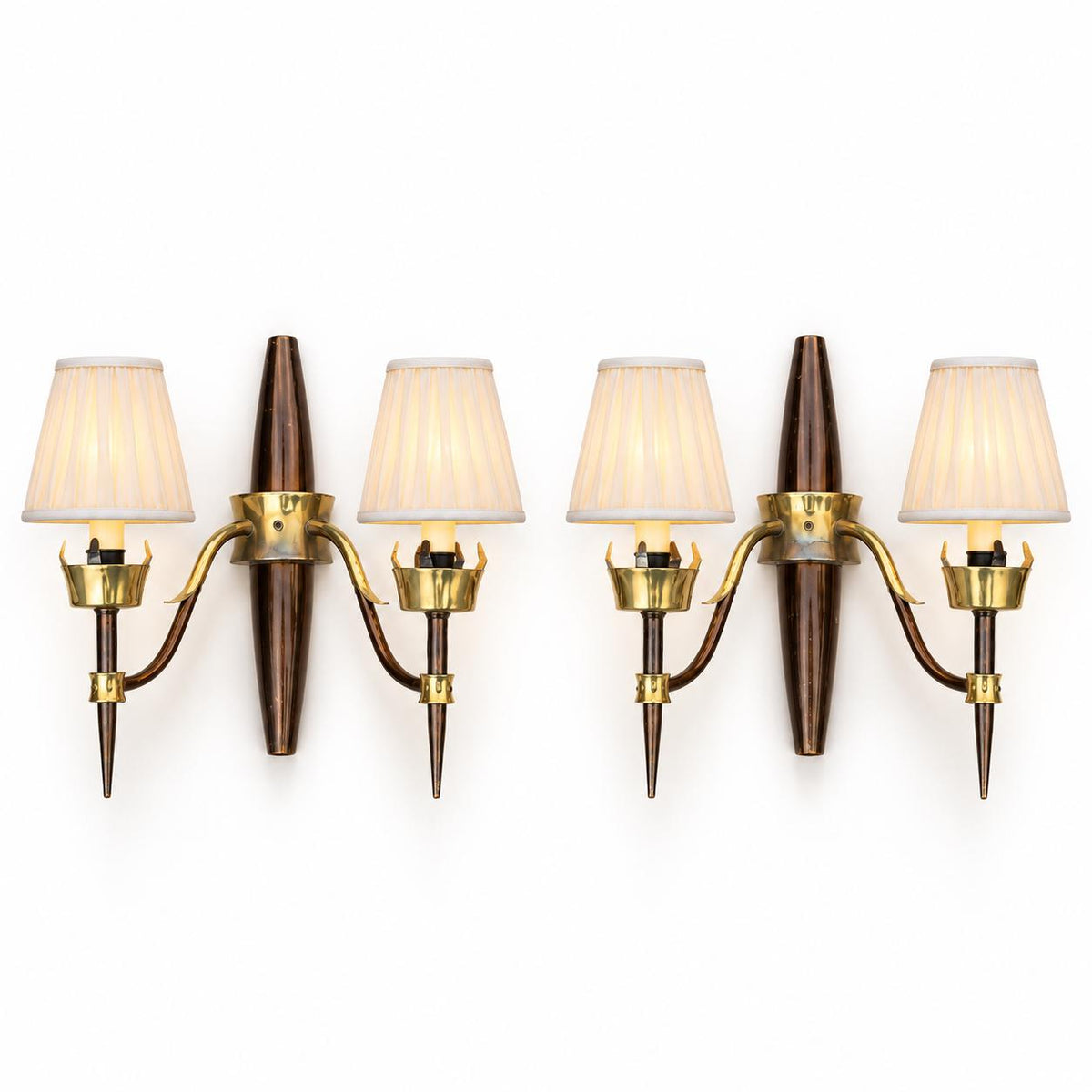 Pair of French Mid-Century Wall Sconces, Brass and Dark Lacquered Spindle, Two-Arm — France, circa 1950-1960