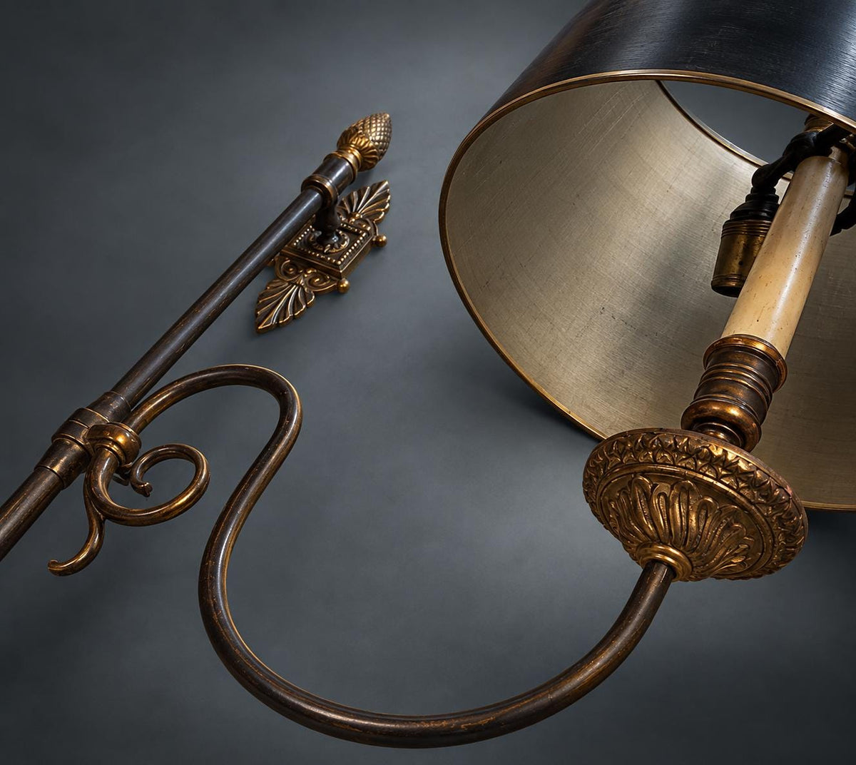 Vintage French Brass Library Wall Lamp with Scrolled Arm and Acanthus Finials — Tall Wall-Mount Sconce, 120 cm