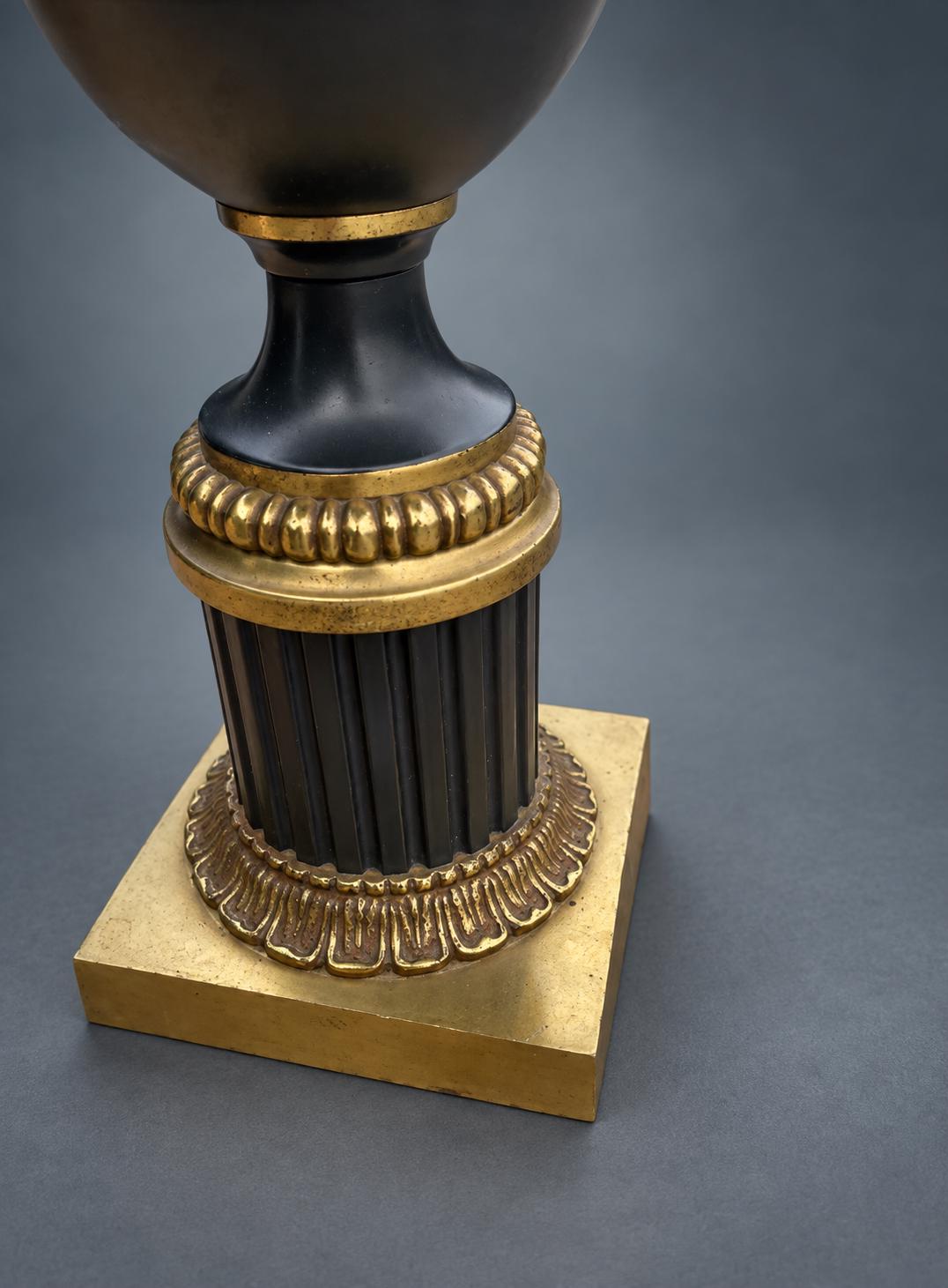Brass Table Lamp with Navy Blue Painted Urn Body, Fluted Column Base, and Swag Detail