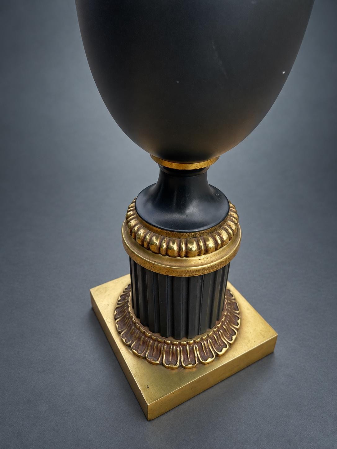 Brass Table Lamp with Navy Blue Painted Urn Body, Fluted Column Base, and Swag Detail