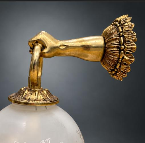 Brass Wall Lamp with Figural Hand Mount and Frosted Etched Glass Shade