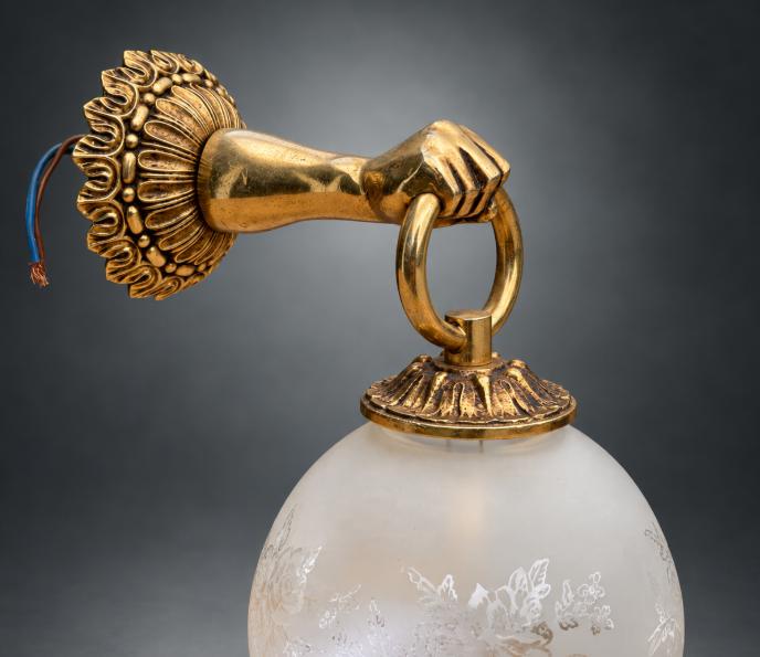 Brass Wall Lamp with Figural Hand Mount and Frosted Etched Glass Shade