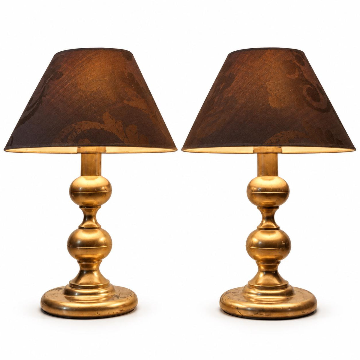 Pair of Table Lamps in Gold-Toned Metal with Patterned Fabric Shades