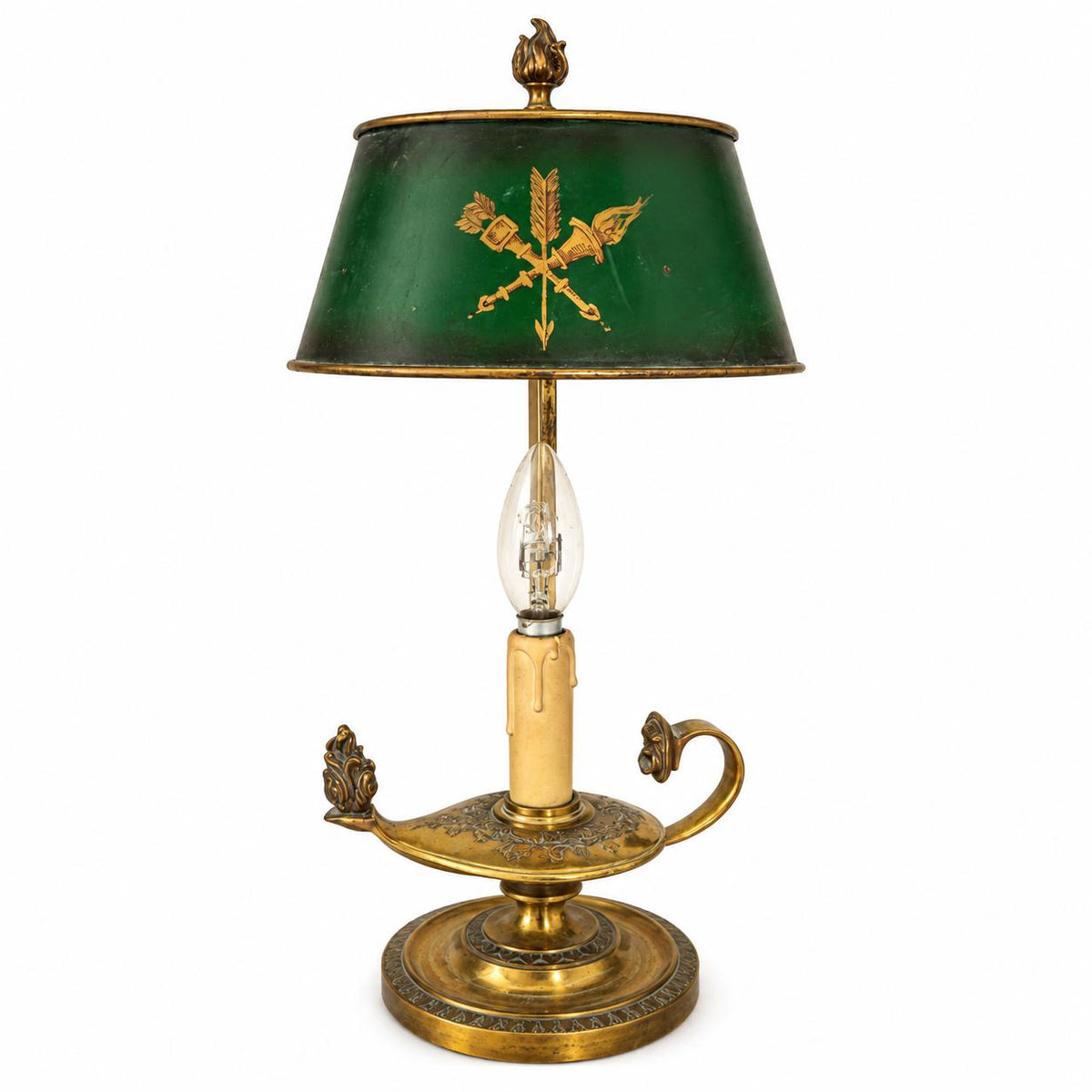 Gilt Metal Oil-Lamp Form Table Lamp, Green Tole Shade with Quiver and Torch Motif
