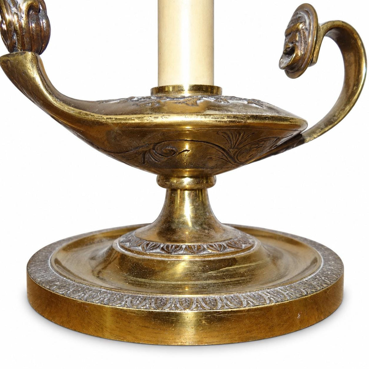 Gilt Metal Oil-Lamp Form Table Lamp, Green Tole Shade with Quiver and Torch Motif