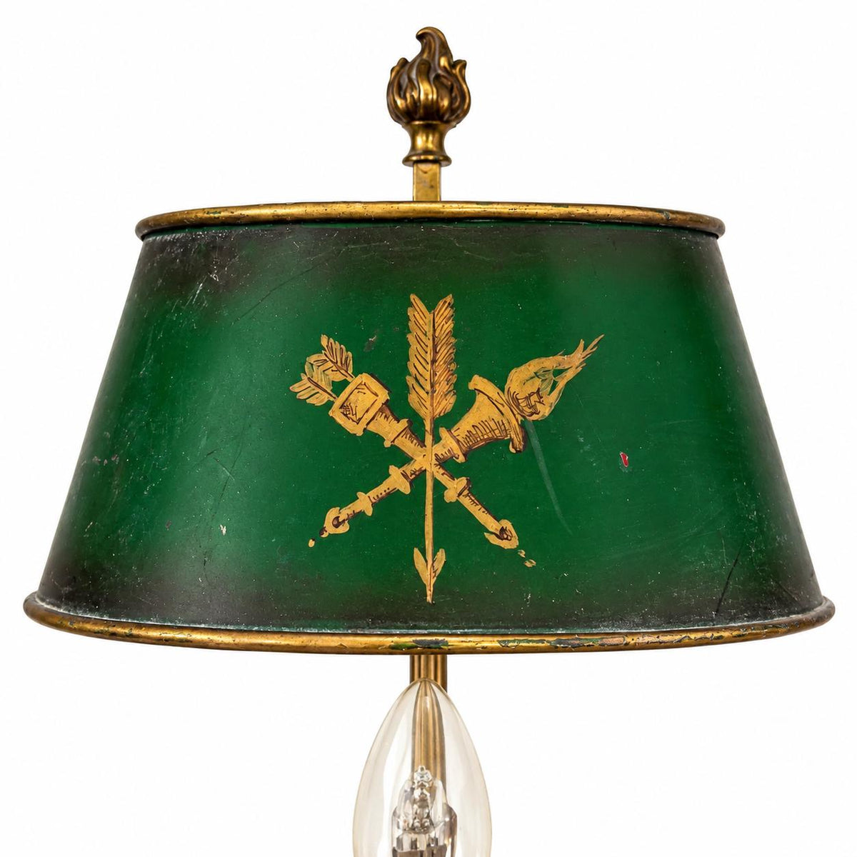 Gilt Metal Oil-Lamp Form Table Lamp, Green Tole Shade with Quiver and Torch Motif