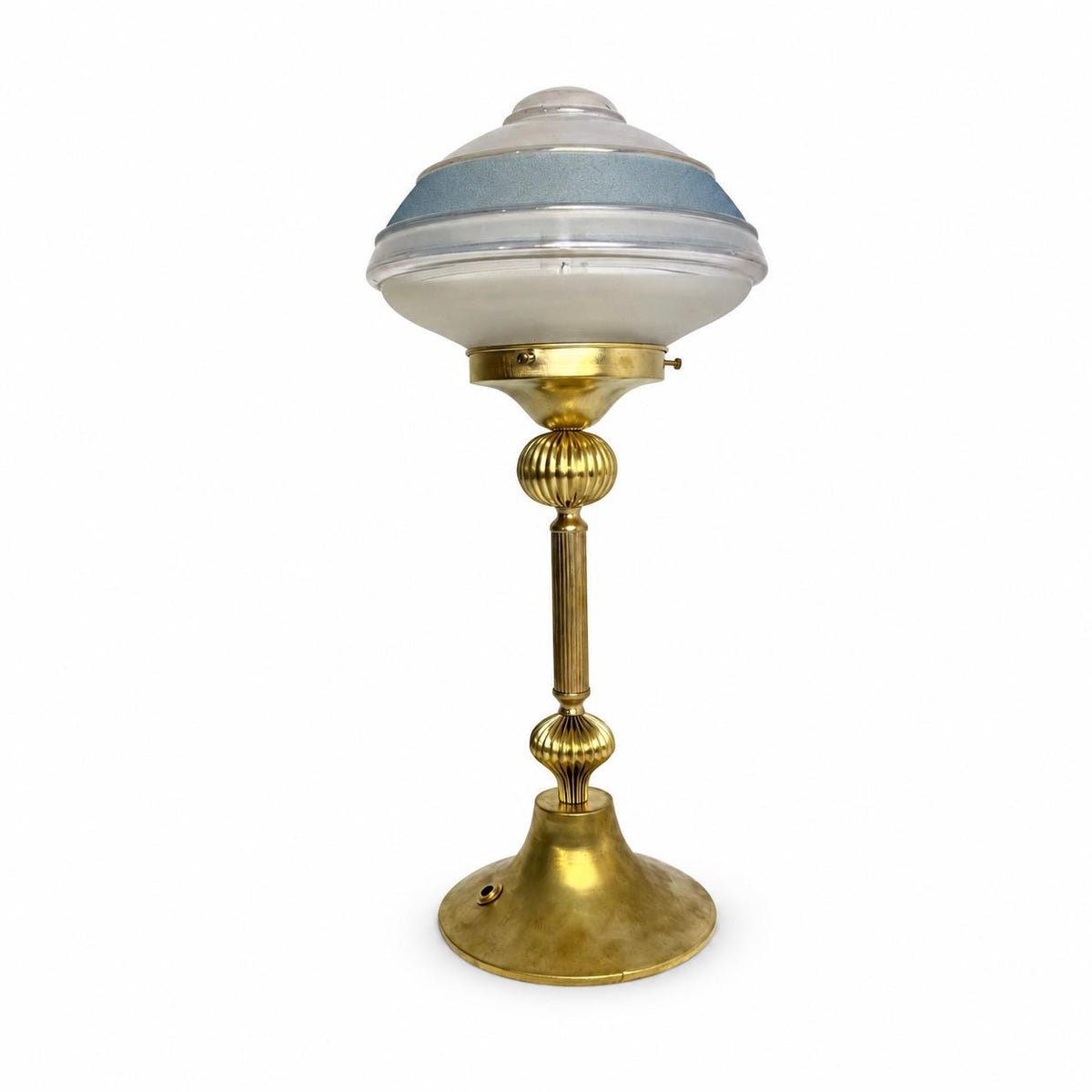 Gilt Brass Table Lamp, Ribbed Column, Mushroom-Form Glass Shade with Blue Frosted Band, 1960s