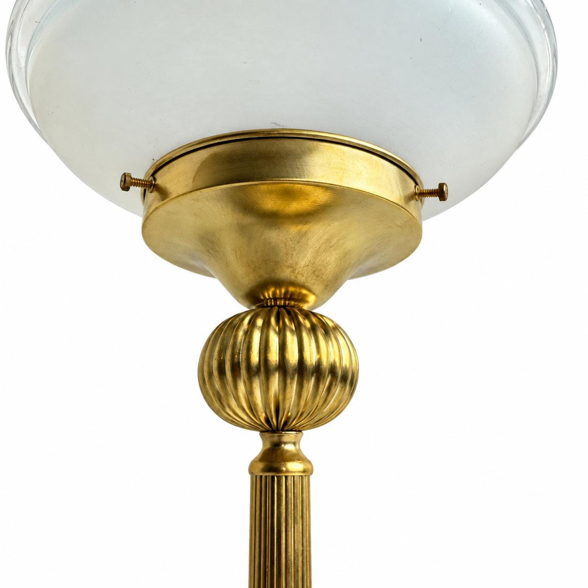 Gilt Brass Table Lamp, Ribbed Column, Mushroom-Form Glass Shade with Blue Frosted Band, 1960s