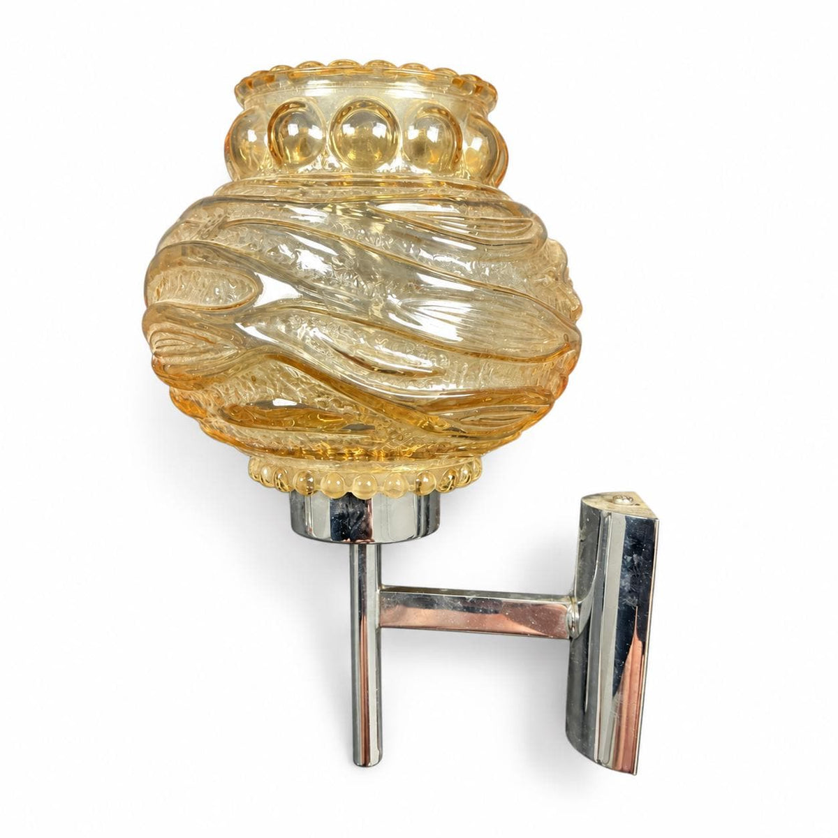 Pair of Amber Ribbed Glass Globe Wall Sconces, Chrome Fittings, 1970s Design
