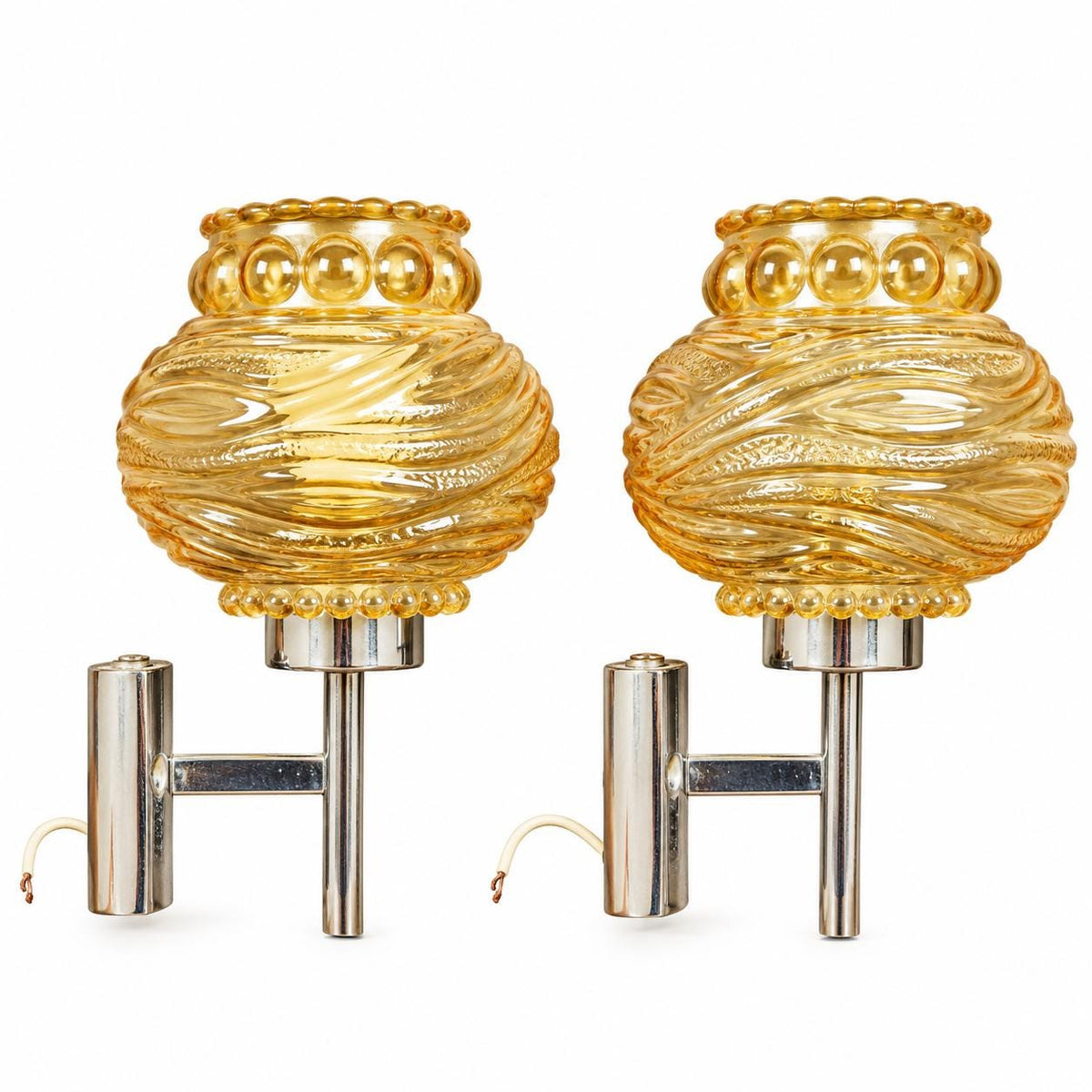 Pair of Amber Ribbed Glass Globe Wall Sconces, Chrome Fittings, 1970s Design