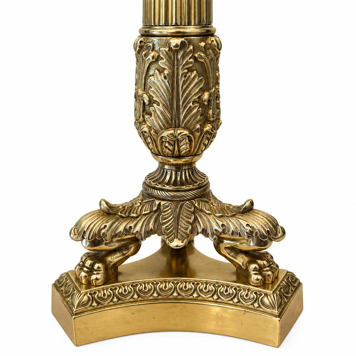 Gilt Metal Corinthian Column Table Lamp, Fluted Shaft, Empire Style Figural Base