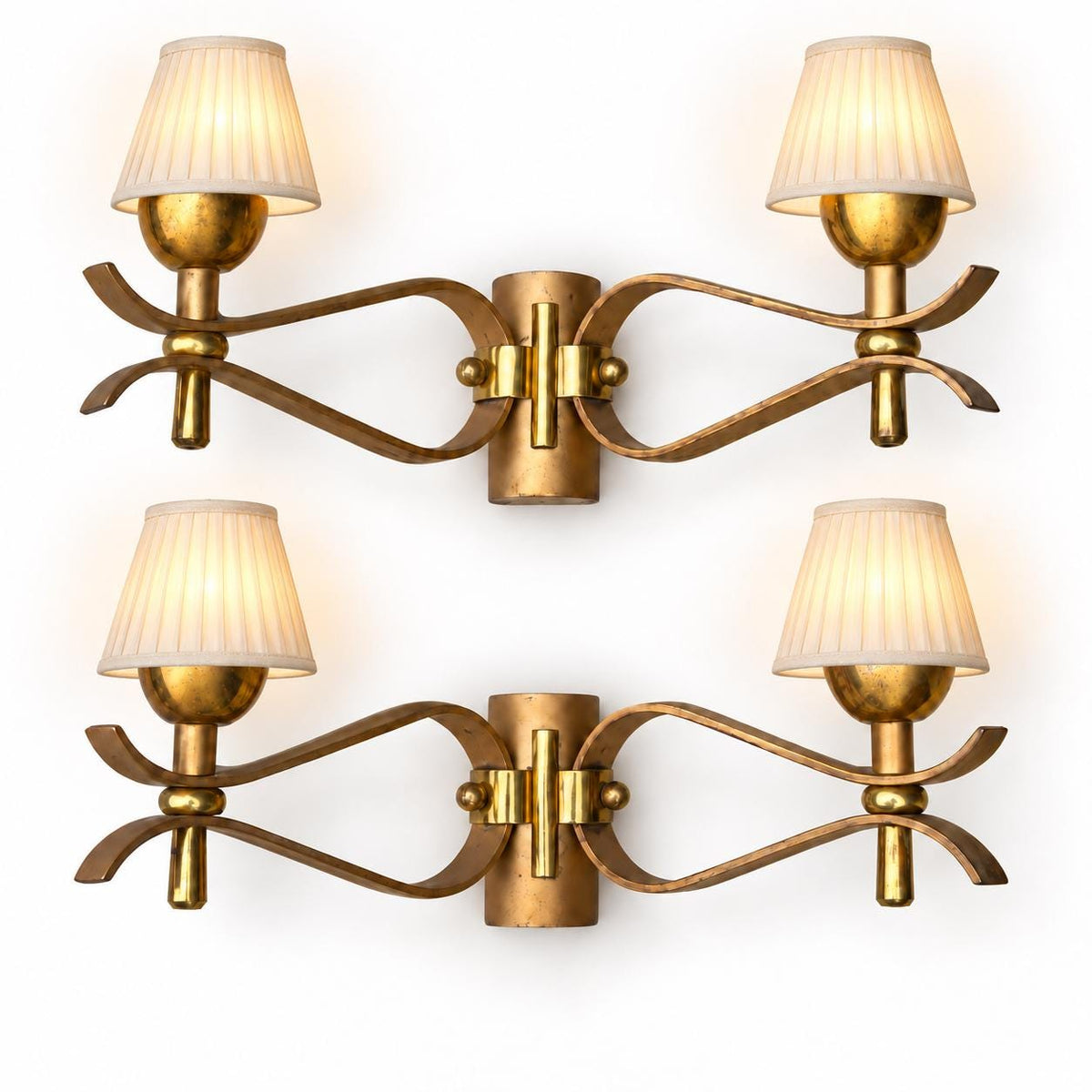 Pair of Gilt Brass Wall Sconces, Painted Metal Detail, French Design