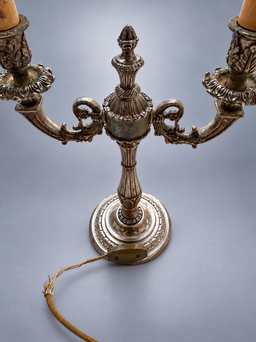 Pair of Three-Light Candelabra Table Lamps in Silver-Toned Metal, 42 x 23 cm