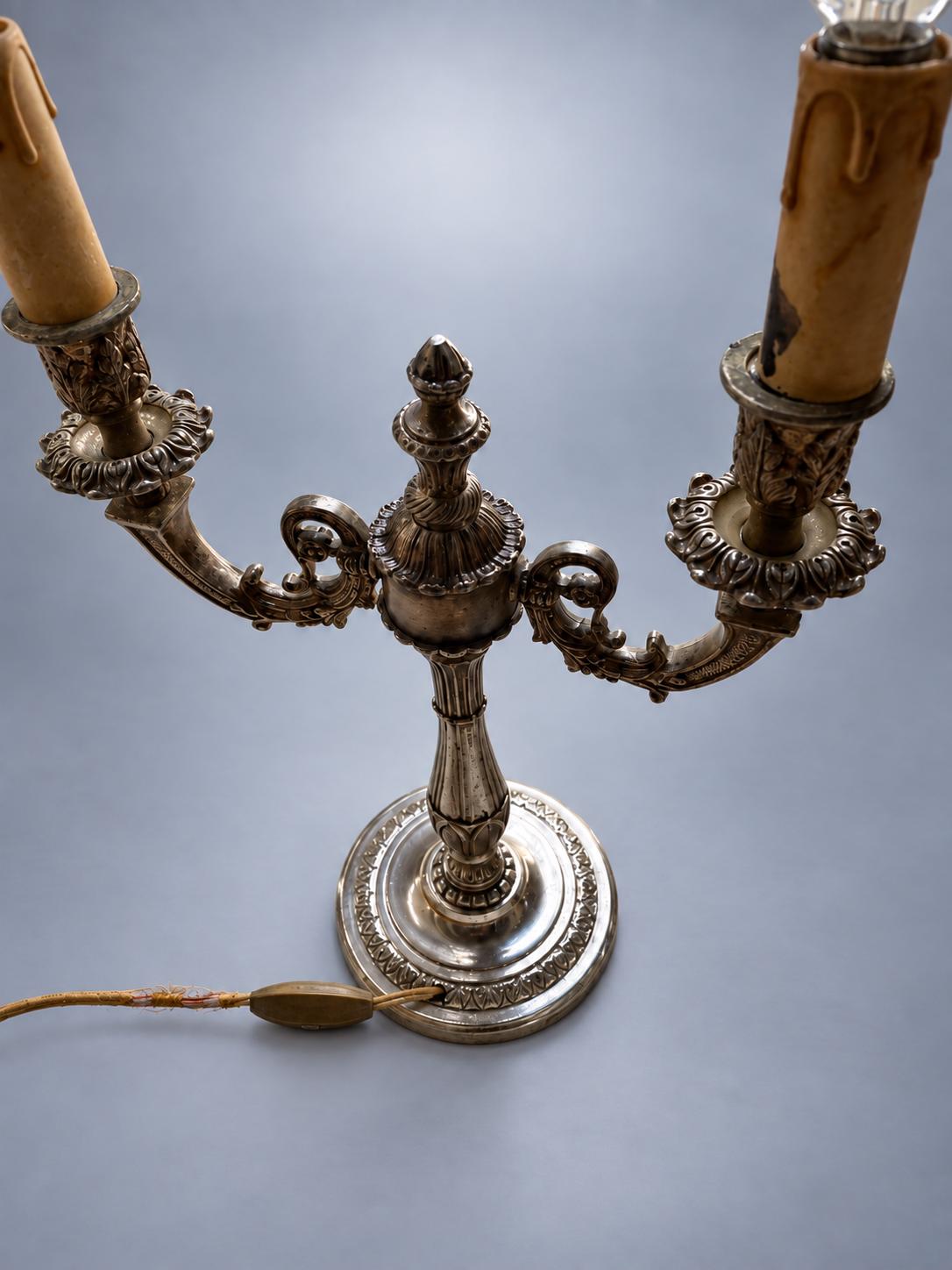Pair of Three-Light Candelabra Table Lamps in Silver-Toned Metal, 42 x 23 cm