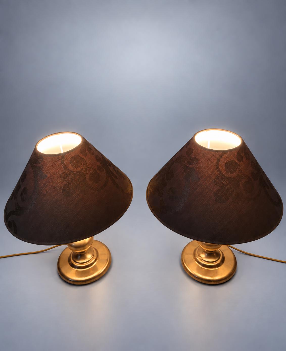 Pair of Table Lamps in Gold-Toned Metal with Patterned Fabric Shades