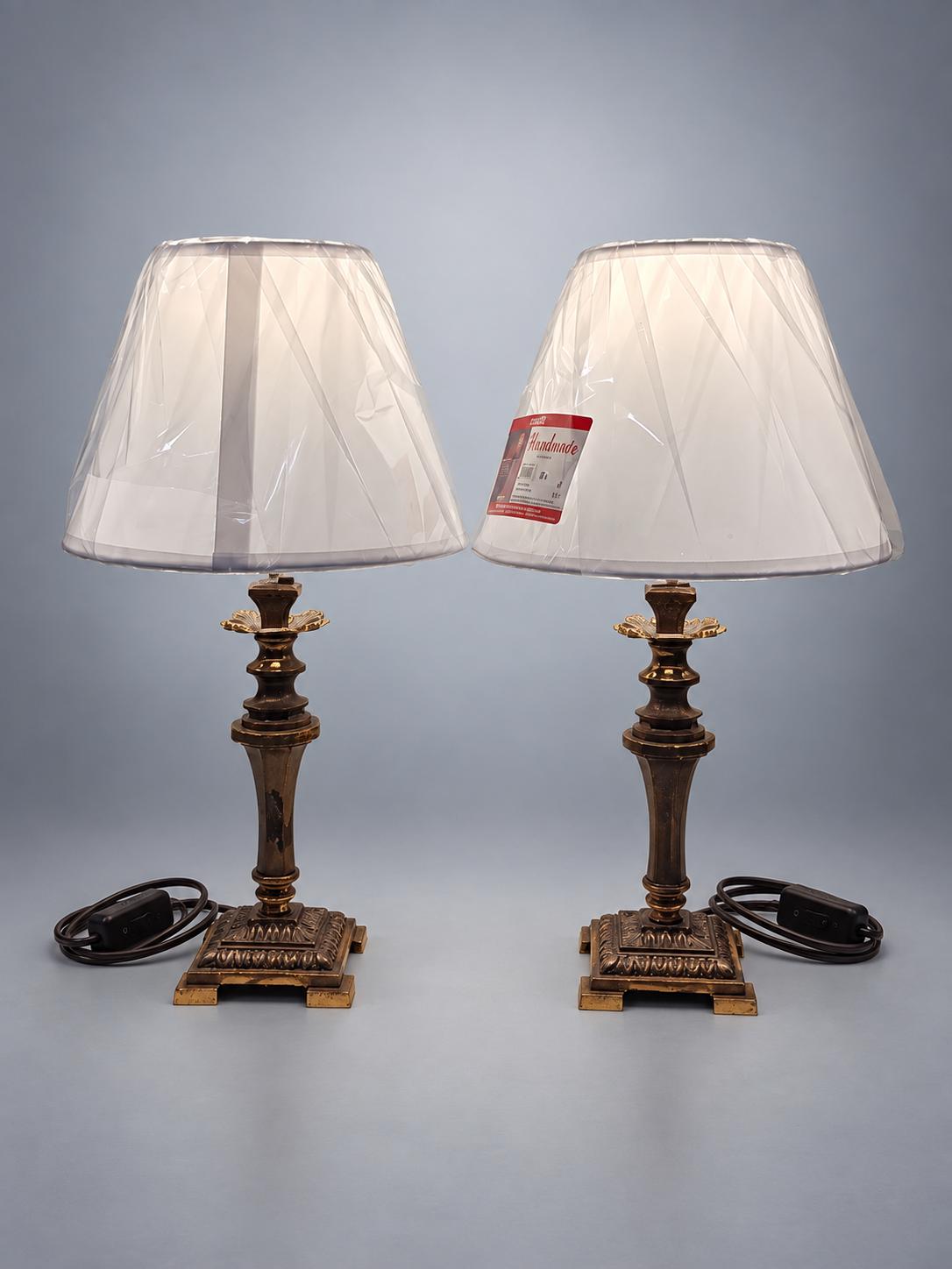 Pair of Vintage Candlestick Table Lamps with White Fabric Shades, 35 x 20 cm