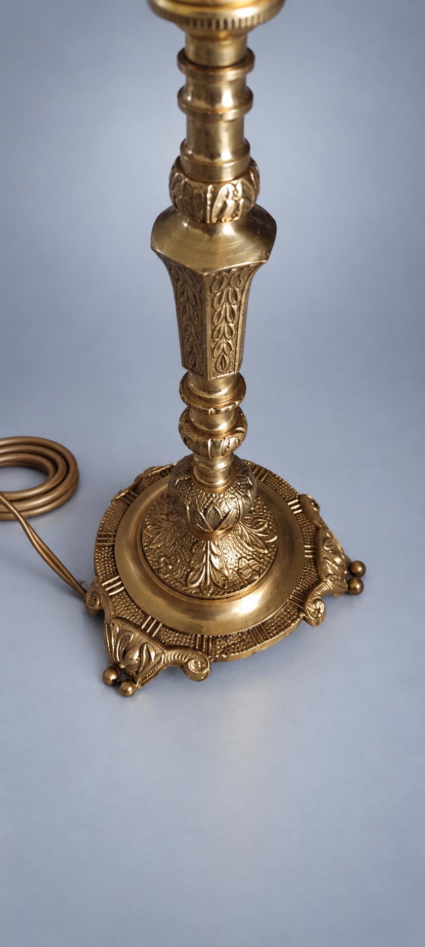 Pair of Ornate Brass Lamp Bases, Rococo-Style Candlestick Form, Decorative Feet, 27 cm