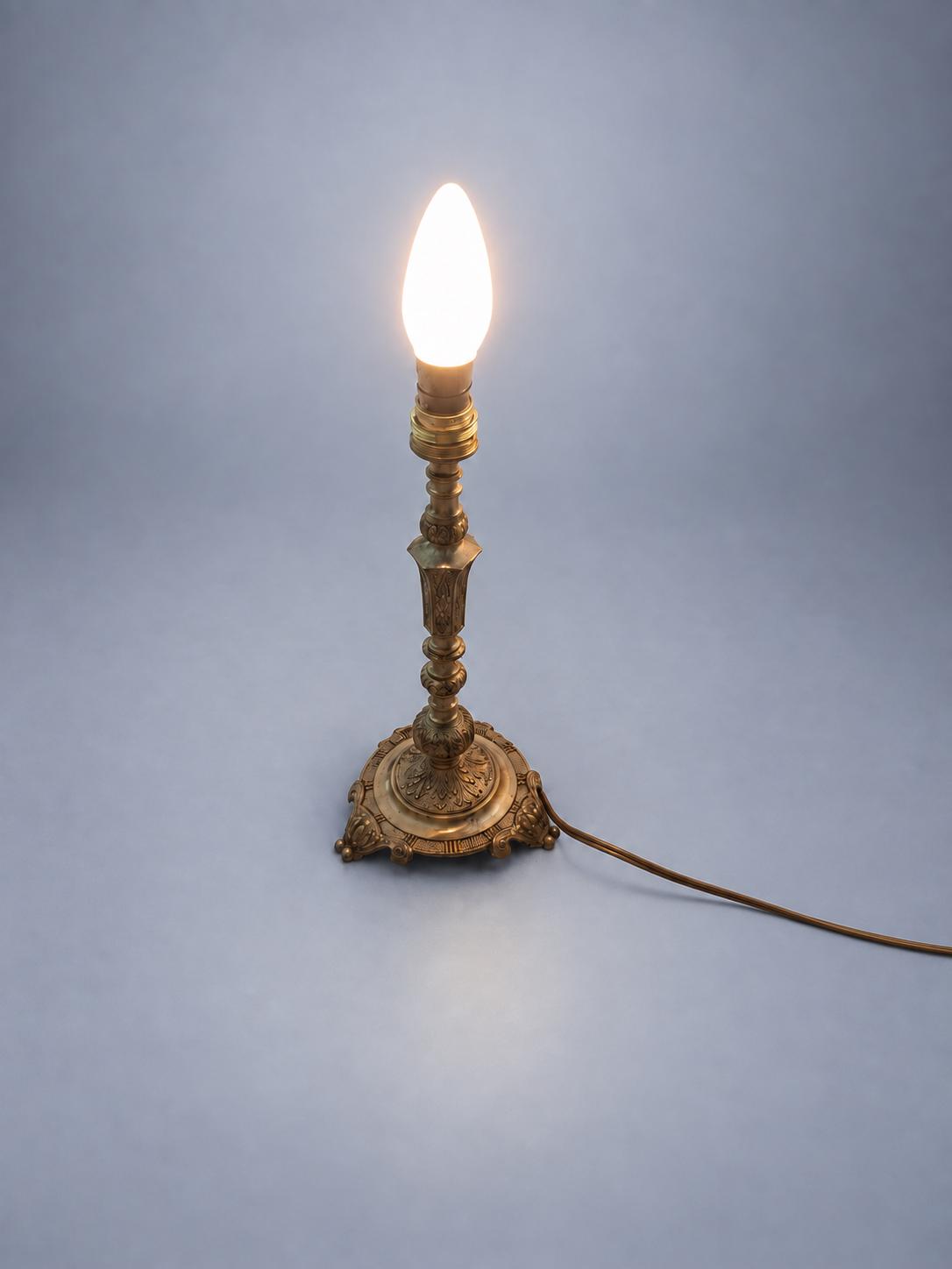 Pair of Ornate Brass Lamp Bases, Rococo-Style Candlestick Form, Decorative Feet, 27 cm