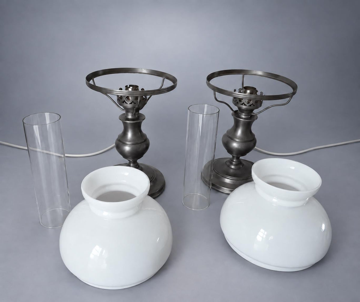 Pair of Pewter and Opal Glass Table Lamps, Oil-Lamp Form, 35 cm