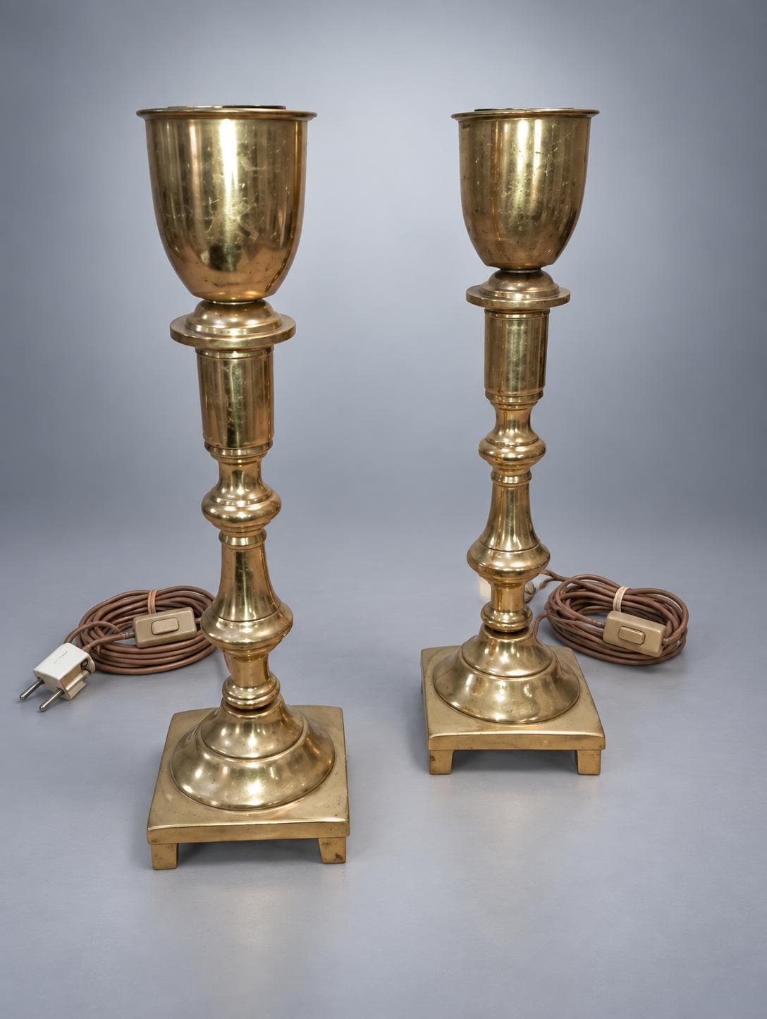 Pair of Gold-Tone Candlestick Table Lamp Bases, Square Feet, 27 cm