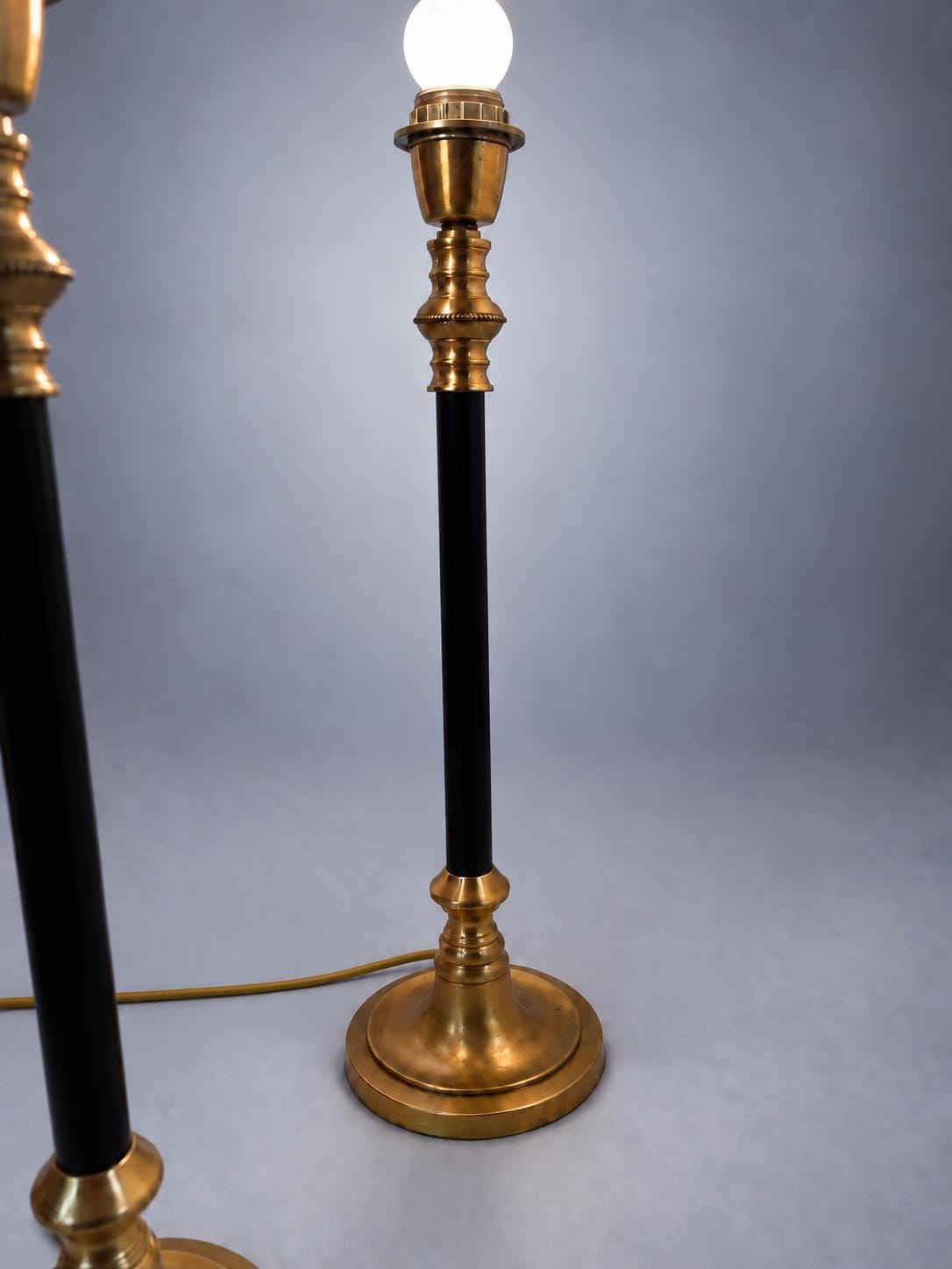 Vintage Brass Table Lamps with Black Lacquered Columns, Candlestick-Form Design