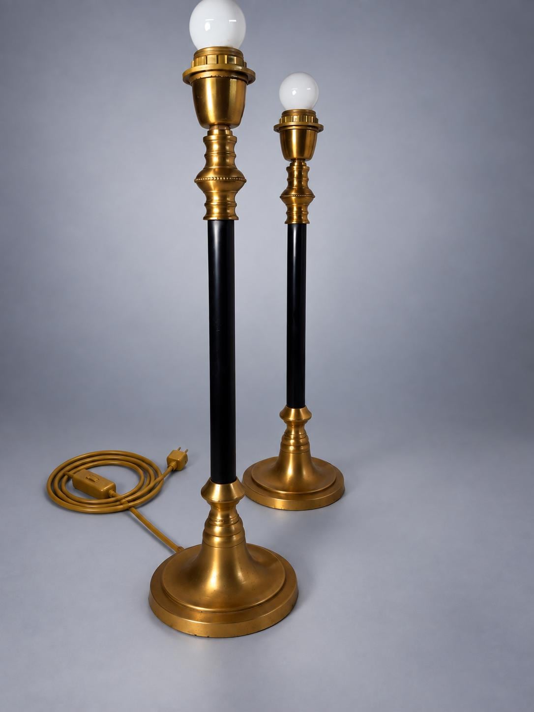 Vintage Brass Table Lamps with Black Lacquered Columns, Candlestick-Form Design