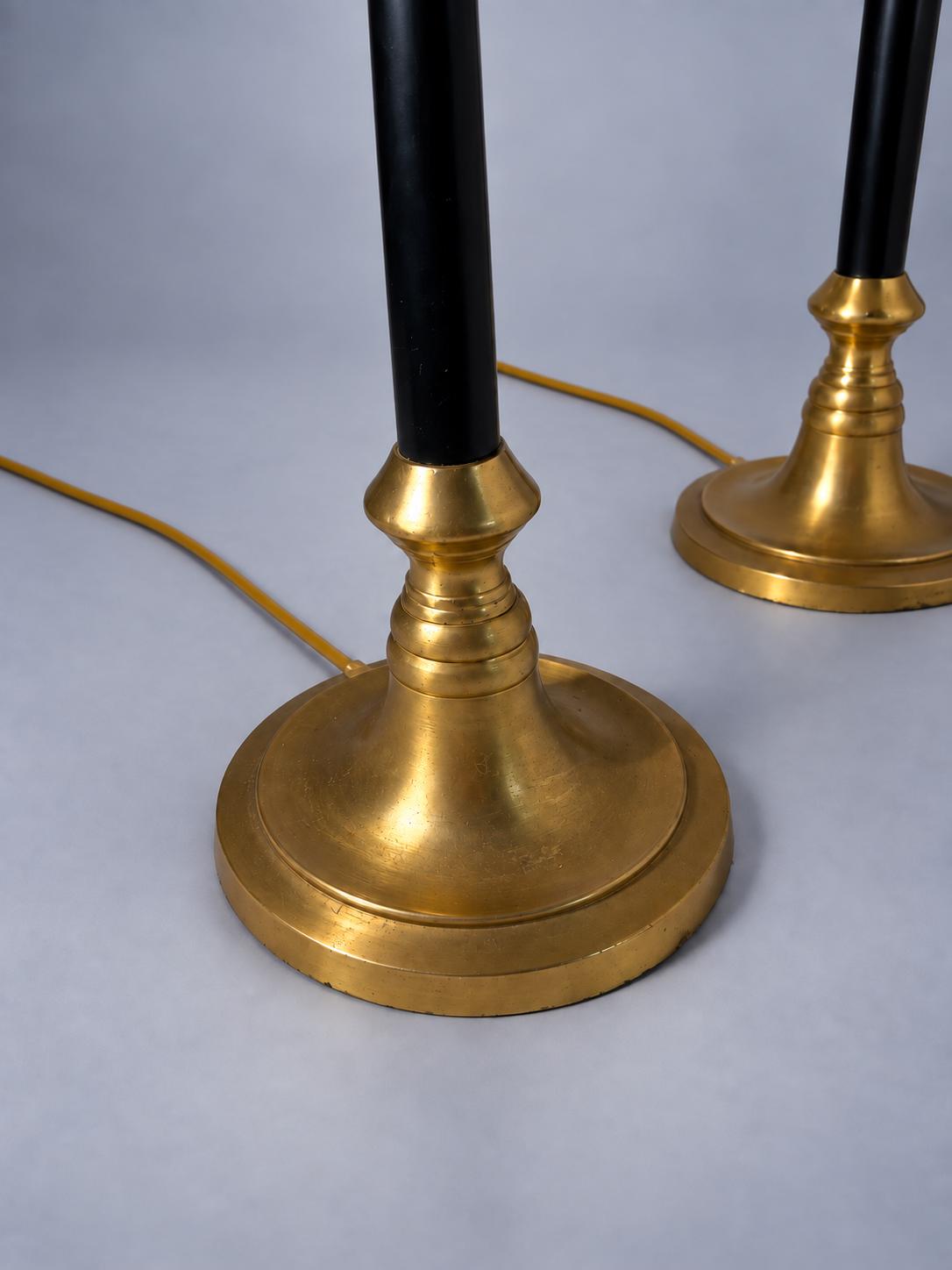 Vintage Brass Table Lamps with Black Lacquered Columns, Candlestick-Form Design