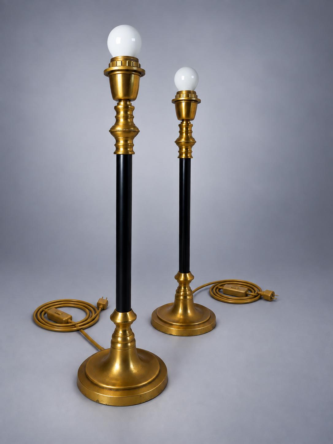 Vintage Brass Table Lamps with Black Lacquered Columns, Candlestick-Form Design