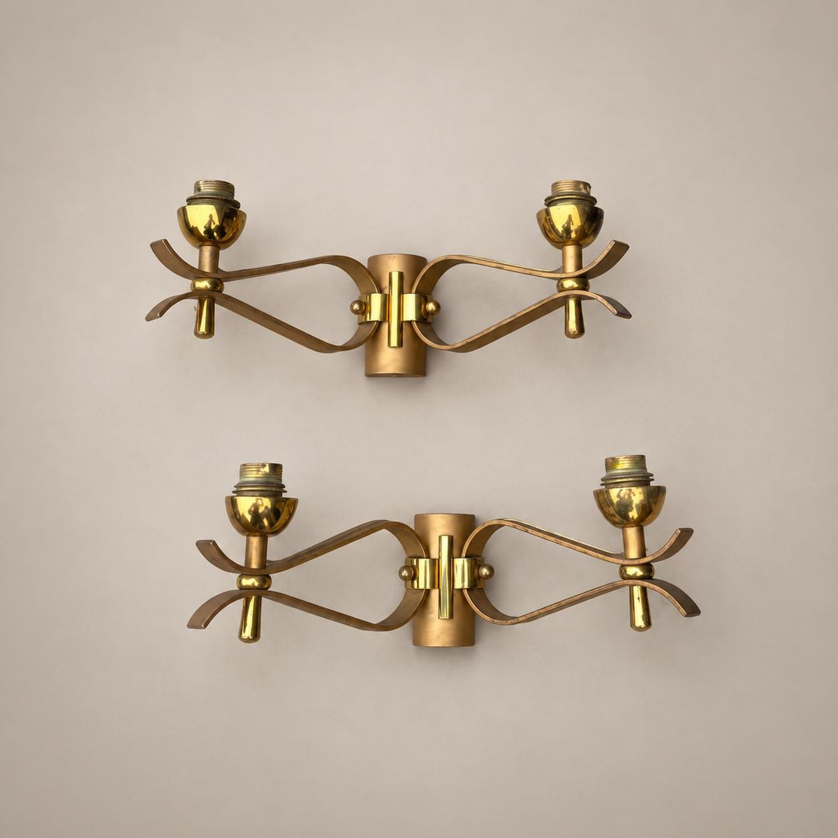 Pair of Gilt Brass Wall Sconces, Painted Metal Detail, French Design