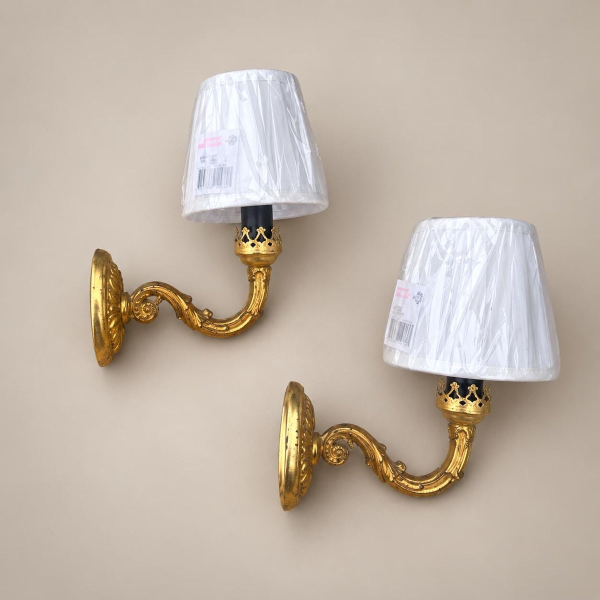 Pair of Gilt Brass Wall Sconces, Crown-Form Candle Cup, Pleated Fabric Shades