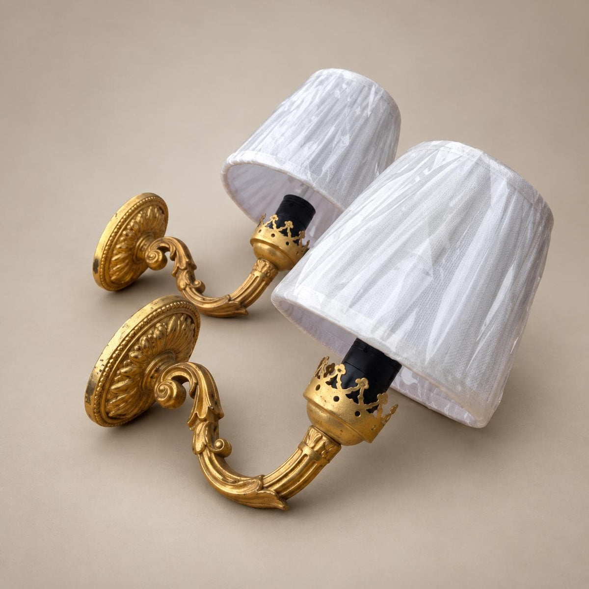 Pair of Gilt Brass Wall Sconces, Crown-Form Candle Cup, Pleated Fabric Shades