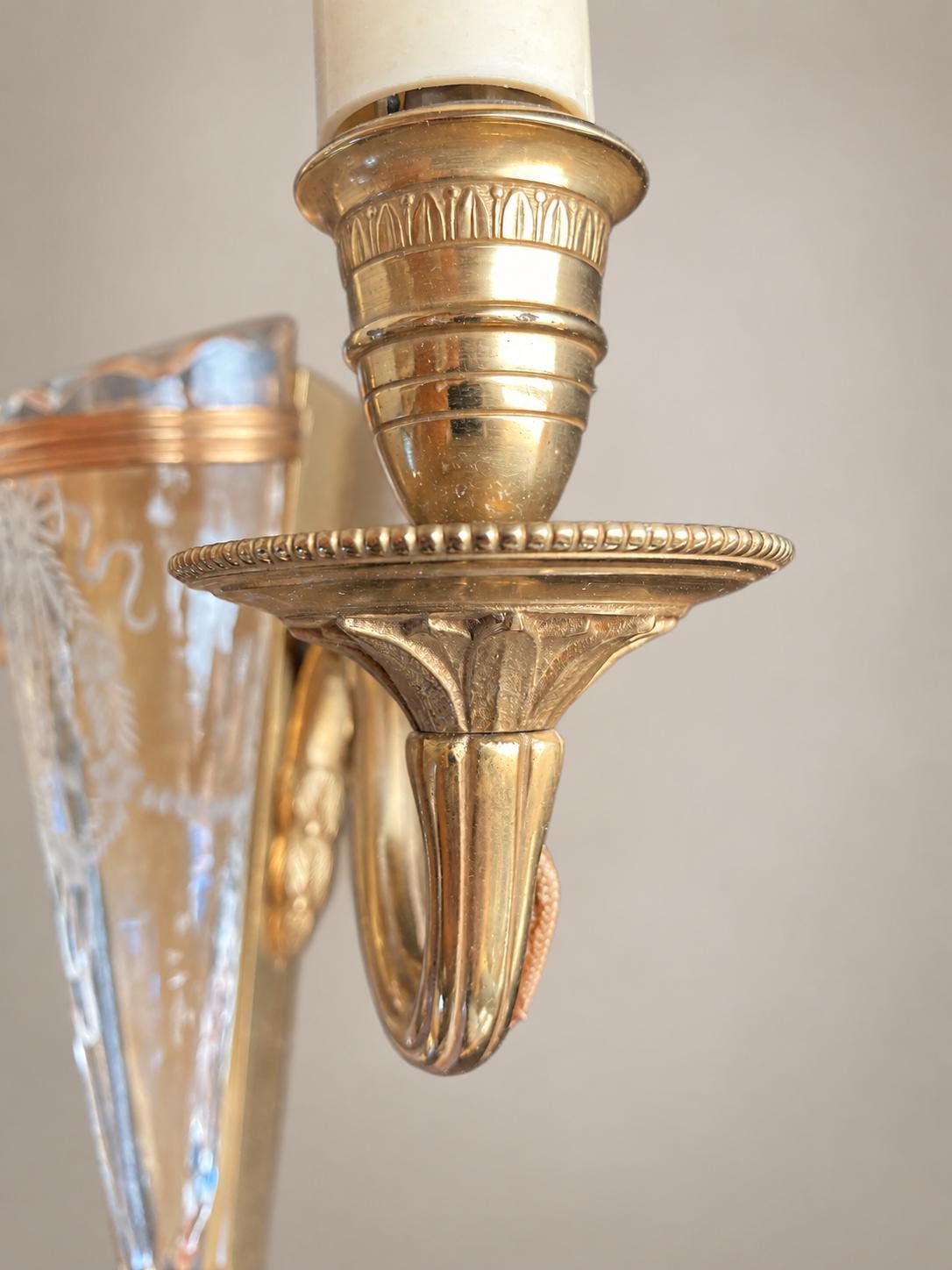 Pair of Gilt Metal Two-Arm Wall Sconces, Etched Glass Cornucopia Vase, Louis XVI Style