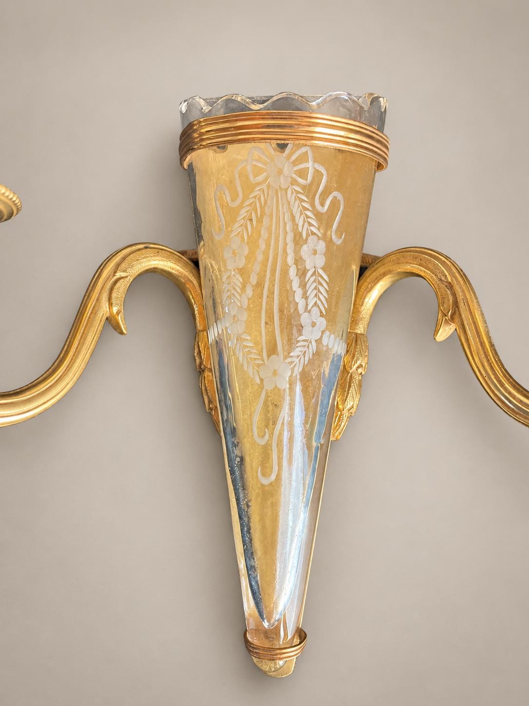 Pair of Gilt Metal Two-Arm Wall Sconces, Etched Glass Cornucopia Vase, Louis XVI Style