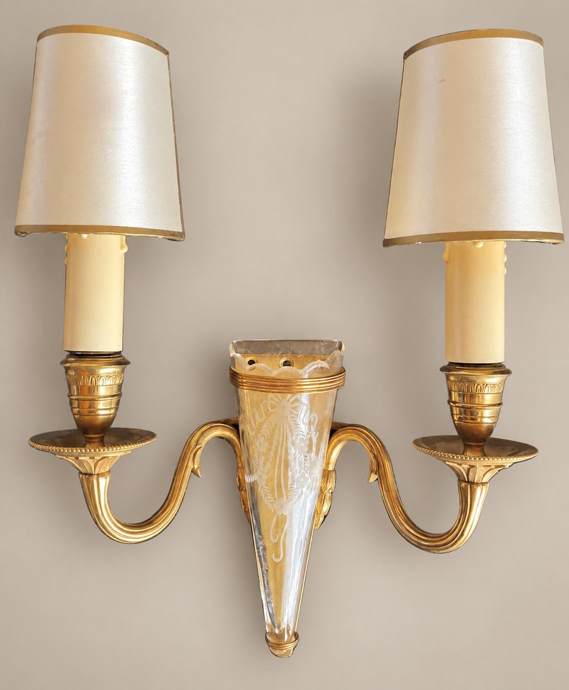 Pair of Gilt Metal Two-Arm Wall Sconces, Etched Glass Cornucopia Vase, Louis XVI Style