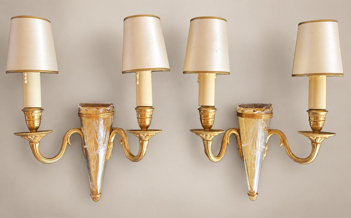 Pair of Gilt Metal Two-Arm Wall Sconces, Etched Glass Cornucopia Vase, Louis XVI Style